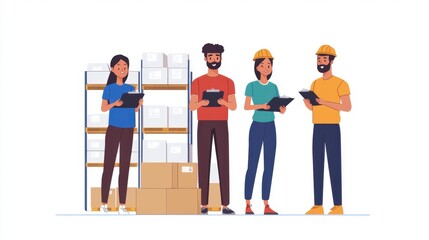 Fototapeta premium Warehouse worker with clipboard, diverse team, bright space, minimal elements