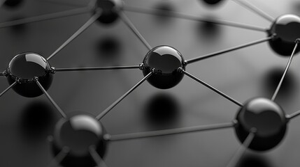 Visual representation of interconnected black spheres,  network planning through nodes and lines that depict relationships and data flow.