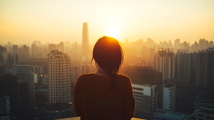 Woman enjoying a sunset view from a rooftop, peaceful and reflective moment, city skyline in the background.