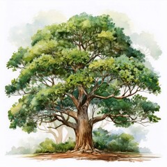 rare deciduous tree on white background, watercolor style, green color