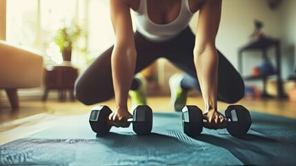 Fototapeta premium Woman doing a home workout with dumbbells, fitness and health focus, living room setting.