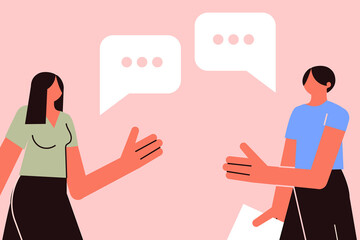 Two people chatting, exchanging their views and insights, brainstorming. Conversation, communication, emotional support. Employees at work, office. Colorful, vector illustration, character design	