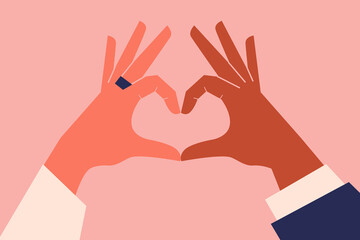 Obraz premium Two hands clasped together making a heart shape. Diversity, empowerment, support, love. Elegant, wedding, newlyweds. Concept illustration for banner, post, magazine article
