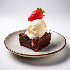 A decadent vanilla-flavored Lotus brownie topped with a scoop of creamy strawberry ice cream.