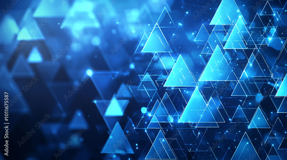 Poster digital abstract background featuring blue triangles and geometric shapes, creating modern and tech 