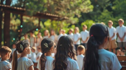 Children in white uniforms gather outdoors surrounded by nature, participating in a serene and peaceful ceremony on a sunny day.