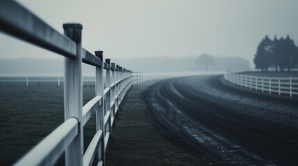 A foggy country road lined with a white fence curves into the distance, enveloped in mist and creating a mysterious, serene scene.