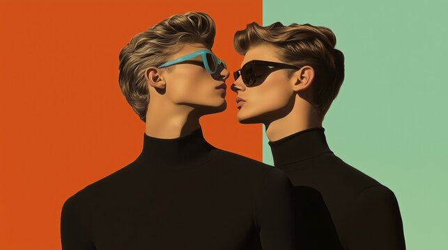 High-contrast fashion photograph of two androgynous male models wearing black turtlenecks and sunglasses with bold orange and mint green background, showcasing modern elegance and vibrant styling