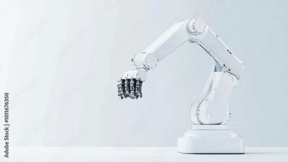 Poster a robot with four arms is standing on a white surface