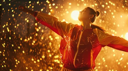 A woman in a vibrant raincoat basks in the golden rain of lights, her arms outstretched in a moment of sheer joy and freedom.