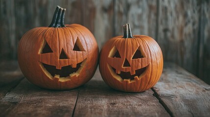Carved Halloween pumpkins sitting on a wooden surface. Clear copy space for spooky messages.