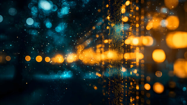 Abstract Digital Background with Golden Lights and Blue Glowing Particles