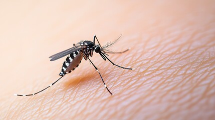 Fototapeta premium Close-up of mosquito resting on human skin, with clear area for text or descriptions.