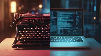 A typewriter and a laptop side by side. The typewriter represents traditional writing methods, while the laptop symbolizes modern technology and digital communication.