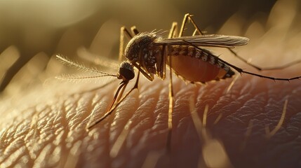 Close-up view of a mosquito landing on human skin. Space available for text or design elements.