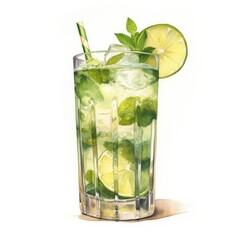 watercolor illustration of refreshing drink with mint lemon and ice in a glass tumbler