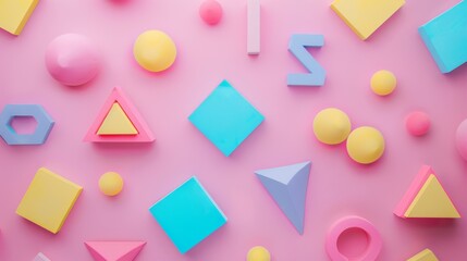 Geometric pastel shapes arranged on a pink background create an artistic and playful composition, blending creativity and visual appeal seamlessly.