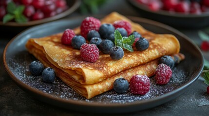 A stack of layered crepes topped with fresh berries on a dark plate in a cozy kitchen setting