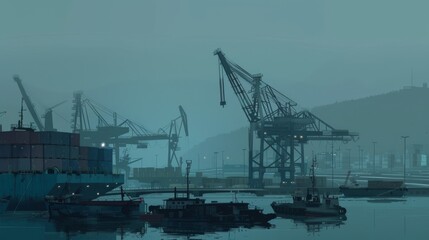 Obraz premium A foggy, industrial harbor with cranes and ships docked, conveying a serene yet industrious mood over a calm body of water.