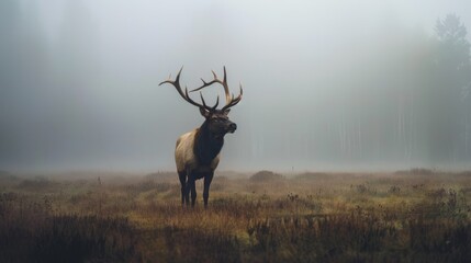 A solitary elk stands proudly in a mist-covered meadow, the early morning light creating a serene and tranquil setting that emphasizes the majesty of the animal.