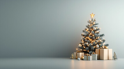beautifully decorated Christmas tree with soft glowing lights stands beside elegantly wrapped gifts, creating warm and festive atmosphere perfect for holiday season