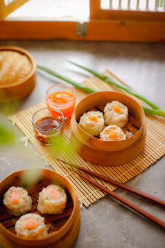 Dimsum. Chinese meal made from chicken, fish, or shrimp meat covered with dimsum skin