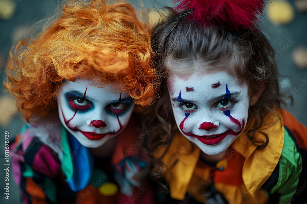 Poster Children Halloween. Children dressed as creepy clowns with vibrant makeup and colorful costumes