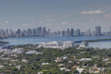 Panoramic view of the Miami Skyline seen from a high-rise building in Miami Beach, FL on  October 3rd, 2024