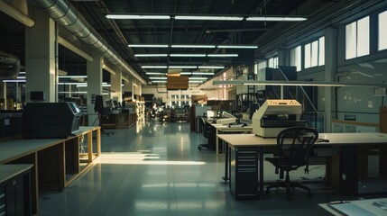 Spacious industrial workspace bathed in natural light showcases an array of equipment and workstations, exemplifying productivity and modern design.