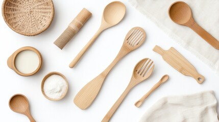 Wooden Kitchen Utensils on White Background