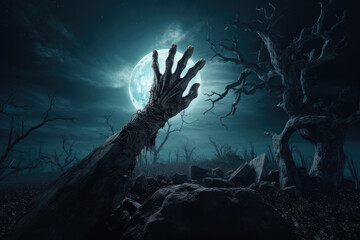 A Zombie hands rising on Graveyard, Moonlight night. Spooky halloween background, Halloween illustration for poster and banner design