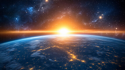 Obraz premium Stunning Sunrise Over Earth from Space with Glowing Atmosphere and Starry Galaxy Background