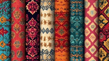 Colorful South Asian textile patterns with cultural motifs, no people, and room for text or design elements.