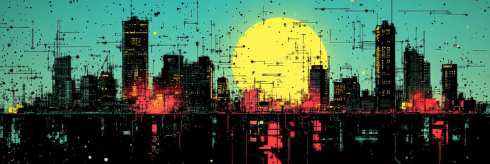 Silhouetted cityscape with a glowing moon in the background.