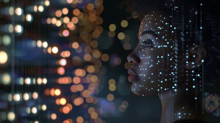 A woman's profile is highlighted with digital patterns over a backdrop of blurred city lights, blending technology with humanity in a modern, futuristic scene.