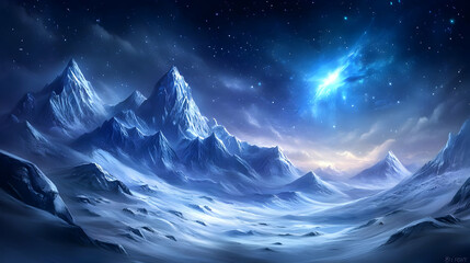 A Digital Illustration of a Snowy Mountain Range Under a Starry Sky with a Bright Nebula