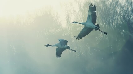 Obraz premium Graceful cranes soaring through a misty sky, evoking a sense of peace and freedom.