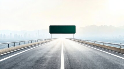 Blank Road Sign on Empty Highway with City Skyline in Background