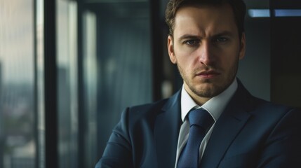 Fototapeta premium A businessman stands in front of a modern glass building, his confident posture and serious expression reflecting authority and leadership in an urban setting.