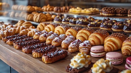 Bakery Showcase: A delectable array of freshly baked croissants, pastries, and macarons displayed on a rustic wooden counter. A tempting visual feast for food lovers and bakery businesses. 
