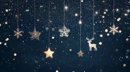 Fototapeta premium Festive decorations featuring snowflakes, stars, and reindeer create magical holiday atmosphere. shimmering elements hang against dark background, evoking joy and celebration