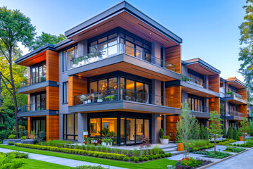 Contemporary apartment building with sleek lines and glass panels