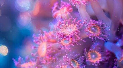 A mesmerizing shot of marine life, showcasing vibrant, glowing corals with neon pink and purple hues in an underwater scene.