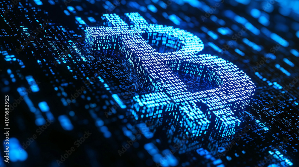 Poster digital representation of glowing bitcoin symbol made of binary code, showcasing intersection of tec
