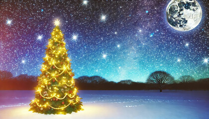 Fototapeta premium Glowing Christmas tree in a snowy landscape under a bright moon