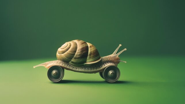 A whimsical snail with wheels, blending nature and imagination, traverses a gradient green backdrop, epitomizing slow yet improbable motion.