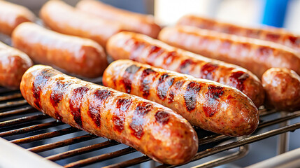 Grilled sausages on barbecue grill, showcasing their deliciously charred exterior and juicy texture. Perfect for summer gatherings and outdoor cooking