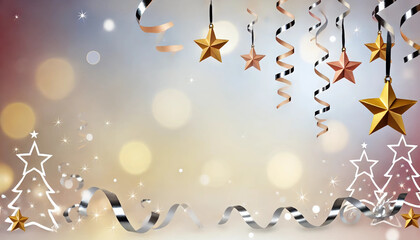 Christmas stars and ribbons against a bokeh background with copy space