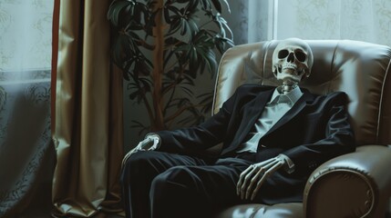 Fototapeta premium A skeleton dressed in a suit, relaxed on a leather armchair, in a dimly lit room, creating an eerie yet whimsical atmosphere.