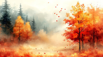 Autumn leaves fall in a misty forest.
